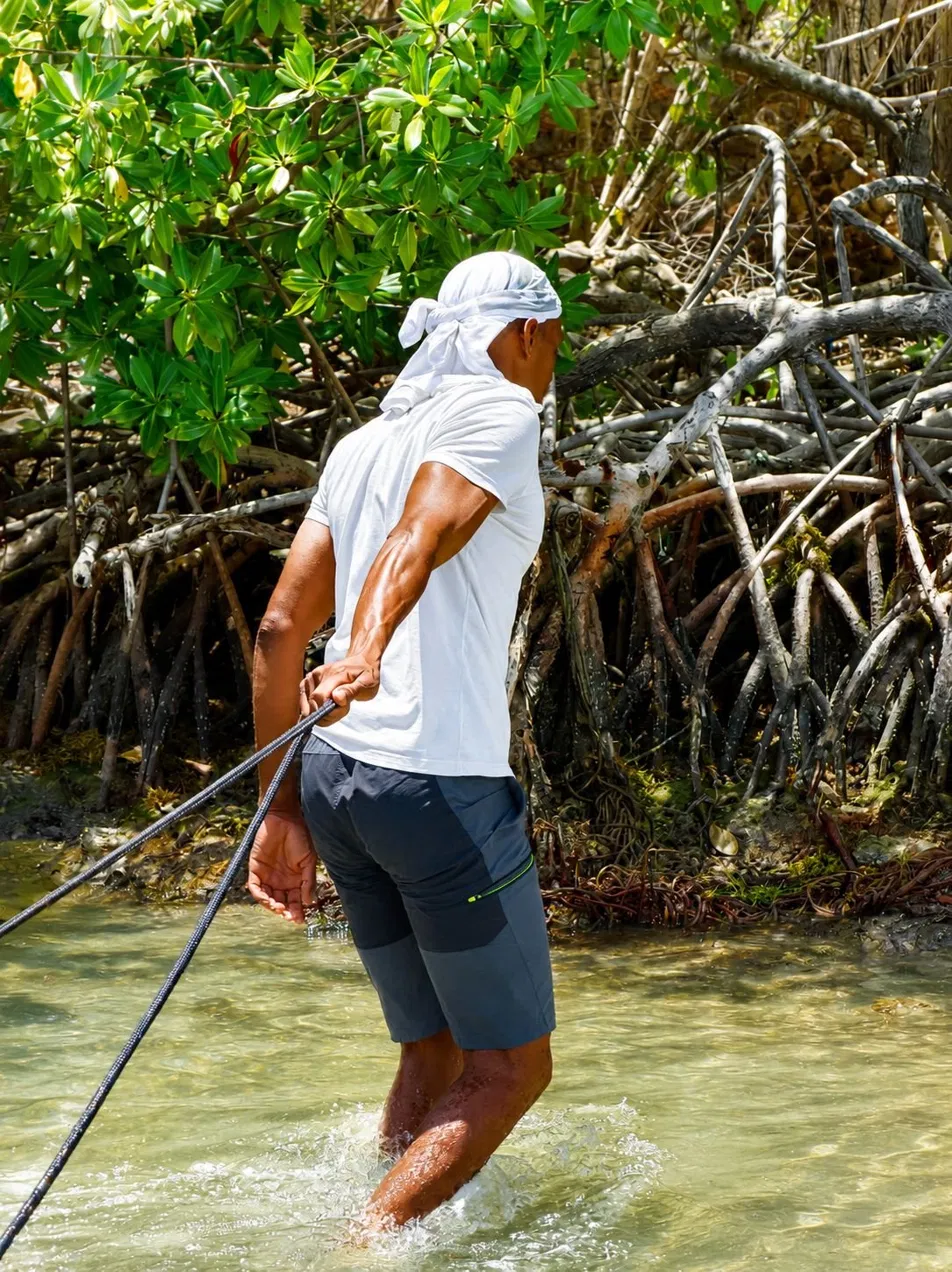 Kenny dans la mangrove avec une corde pendant l'excursion